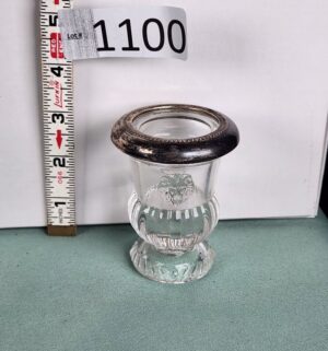 d1100- F.B. Rogers Sterling Silver Rim Lions Head Pressed Glass Toothpick Holder