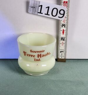 d1109- Souvenir Terre Haute, Ind. custard glass toothpick holder. Uranium Glass