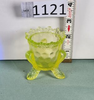 d1121- footed toothpick holder made of yellow vaseline glass Uranium Glass