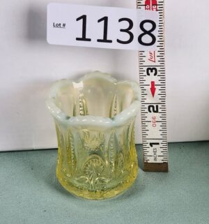 d1138- Uranium Glass Jefferson Glass Co. toothpick holder. Iris with Meander Pattern