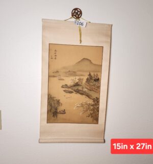 i106- vintage Chinese painted silk hanging scroll, Hanamura Scenery Jiang Feng