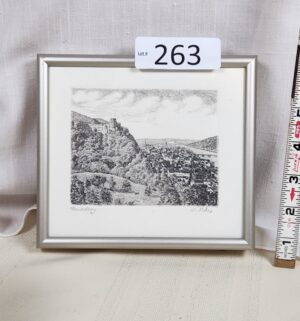 i263- vintage etching depicting a panoramic view of Heidelberg Castle