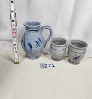 i271- vintage German salt-glazed stoneware pitcher and cup set