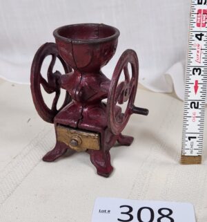 i308- Early 1900s Cast Iron Double Wheel Small Coffee Grinder with Drawer