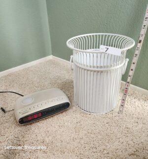 j7- Alarm Clock and vintage waste basket