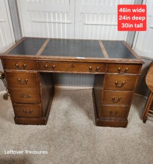 j27- Antique Pedestal Desk w/ leather Inlay & Key