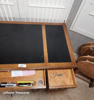 j27- Antique Pedestal Desk w/ leather Inlay & Key - Image 3