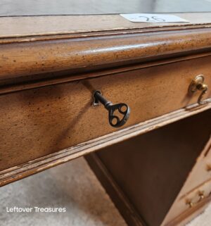 j27- Antique Pedestal Desk w/ leather Inlay & Key - Image 4