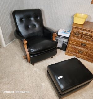j31- mid-century modern black leather and wood rocker recliner by La-Z-Boy. Recently Conditioned