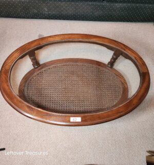 j62- vintage oval coffee table w/ cane shelf, glass top - Image 2