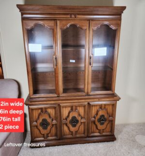j72- Mid Century 2 Piece Lighted China Hutch. Needs Bulb - Image 1