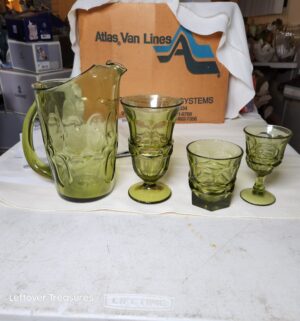 j208- Hazel-Atlas Eldorado Avocado Green glass pitcher and matching tumblers - Image 3