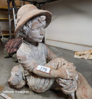 j279- Vintage Solid cement seated boy by wearing a hat - Image 2