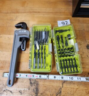 L92- ryobi drill bits, irwin pipe wrench