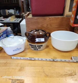 L96- corning ware, milk glass mxing bowl, crock