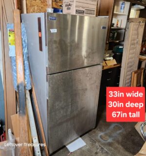 L329- Maytag Stainless Refrigerator. Works. Unplugged 3/3/26