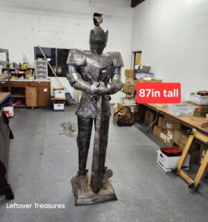 M239- Medieval Knight's Guard Armor Statue With Sword - 7 Feet Tall. Tin Metal. Very light weight