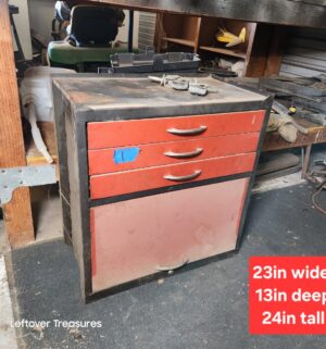 n1- Vintage Rolling Tool Box. 3 wheels found. Sold with contents