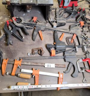 n81- woodworking clamps, including ratcheting bar clamps, F-style clamps, and C-clamps