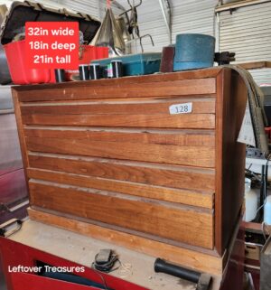 n128- Mid-Century Modern louvered front dresser used as tool box. Contents no included