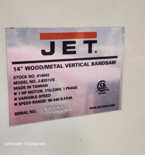 n387- JET 14 inch Wood/Metal Vertical Bandsaw. 1 HP. 115/230V, 1 Phase - Image 6