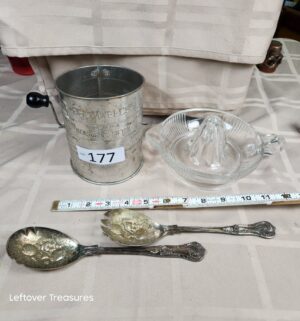 o177- glass juicer chipped, salad spoons. Flour sifter - Image 1