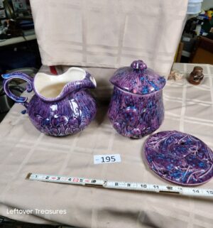 o195- vintage arnels majolica pitcher and matching lidded cannister - Image 1