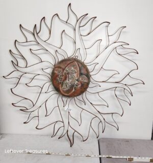 o237- rustic metal wall sculpture featuring a celestial sun and moon design, - Image 1