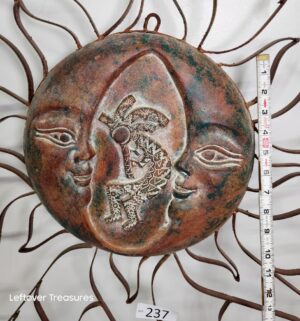 o237- rustic metal wall sculpture featuring a celestial sun and moon design, - Image 2