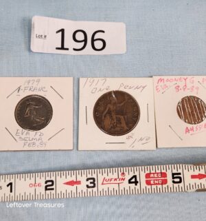 p196- 1979 Franc, 1917 one penny, 2c Aussie coin