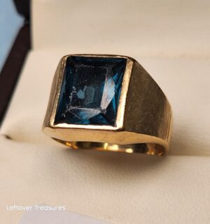 p308- 14k Gold Blue Topaz Mens Statement Ring