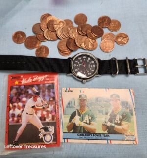 o280- Wheat Pennies, Wade Boggs, Mark McGwire, Jose Caneco Cards. Timex Watch - Image 1