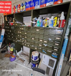 s94- 3 section green metal industrial parts cabinet. Must remove after 1pm Saturday!