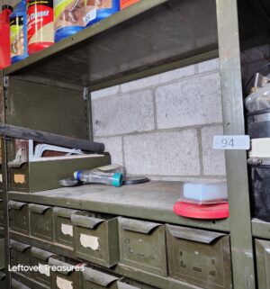 s94- 3 section green metal industrial parts cabinet. Must remove after 1pm Saturday! - Image 3