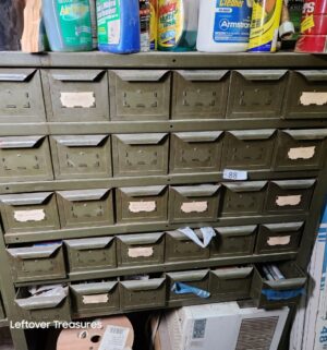 s94- 3 section green metal industrial parts cabinet. Must remove after 1pm Saturday! - Image 4
