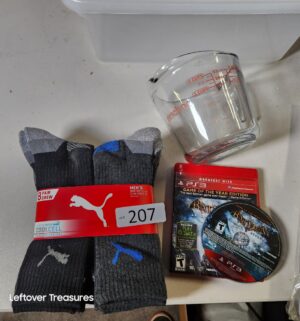 s207- socks, glass cup, PS3 batman
