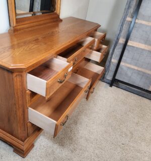 t33- Sumter Long Dresser w/ Mirror. Buyer must take mirror. Beautiful Condition - Image 5