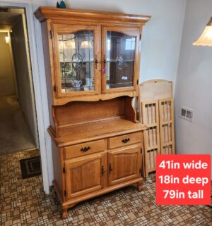 t62- Vintage Oak Two Piece China Hutch w/ Lead Glass