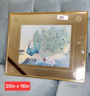 t88- vintage Barow Bowman 1975 etched mirror in a gold frame featuring a peacock print