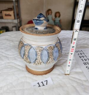t117- vintage studio pottery lidded jar. Signed