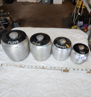 t137- Kromex spun aluminum canisters with black lids from the 1950s