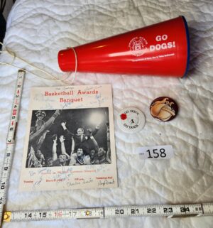 t158- Fresno State 1984 Basketball Awards Banquet Program. Team Signed. Charlie Smith, Boyd Grant. Pins, noise maker