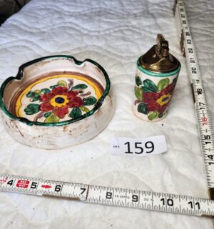 t159- vintage Italian Majolica pottery floral ashtray set with a matching lighter