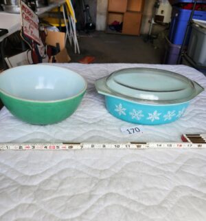 t170- vintage Pyrex Turquoise Snowflake casserole dishes