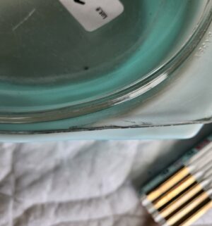 t170- vintage Pyrex Turquoise Snowflake casserole dishes - Image 3