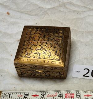 t200- handcrafted etched brass trinket box featuring intricate black floral patterns