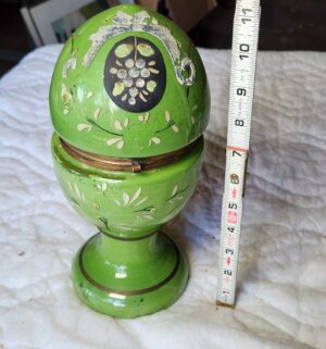 t216- vintage green glass egg-shaped samovar or trinket box set containing a small decanter and matching shot glasses