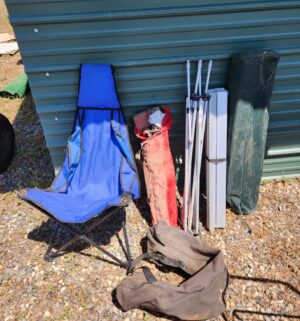 u10- various camping chairs, sm canopy. Some are weathered