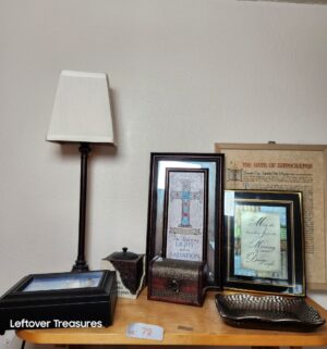 v79- framed art, lamp, trinket boxes
