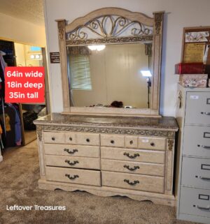 v99- Long Dresser w/ Mirror. *Dresser has issue one side. Appears to be repairable* Newer Construction Particle Board. Top is NOT Marble
